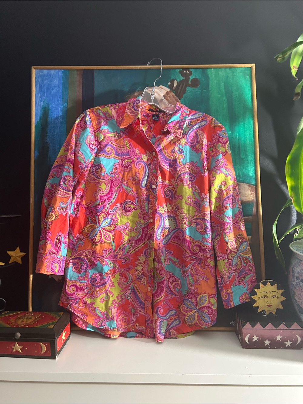 Chaps Colorful Paisley Button Front Shirt Blouse Cotton Size M